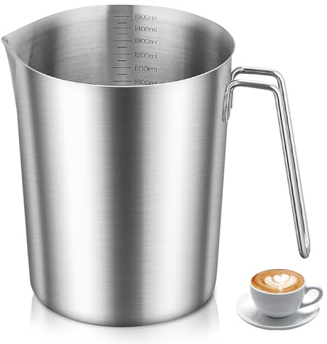 GOMETY Gobelet doseur en acier inoxydable 304 - 1500 ml - Avec poignée et graduation - Passe au lave-vaisselle - Verre doseur robuste - 1,5 l - Pour cuisine, pâtisserie, lait, liquides