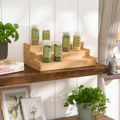 OHS Bamboo Spice Rack Organiser, 3 Tier Extendable Kitchen Shelf Organiser for Spices Herbs Seasoning and Small Jars Kitchen Countertop Spice Rack Extendable Shelf