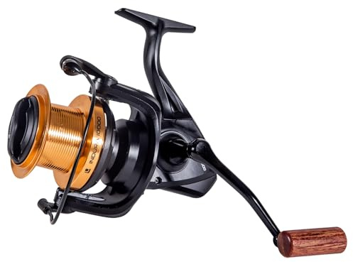 Ultimate Indura 10000 Angelrolle 15kg 675g Gold Karpfenrolle | Aluminium-Longcast-Spule, Graphit-Ersatzspule Größe 9000, Holzgriff, Computer ausgewuchteter Rotor, Stoffüberzug