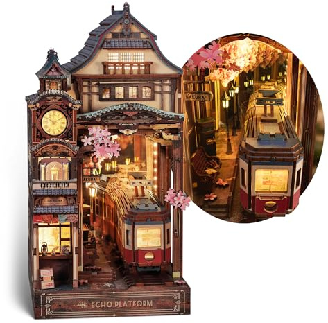 FUNPOLA Sakura Train Book Nook Kit LED 3D Holzpuzzle fur Erwachsene | Warmes Licht, Bahnhofsszene, Endlos-Spiegel Effekt, 330 Teile zum Selberbauen, 6-8 Std. Bauzeit, Bücherregal, Sammlerstück