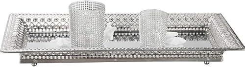 Vassoio Decorativo Rettangolare in Metallo Argentato con Specchio – Elegante Centrotavola, Porta Candele e Porta Profumi per Bagno e Soggiorno (Grande – 50×30 cm)