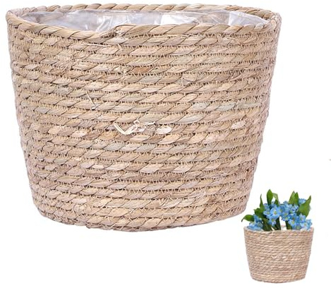 VALICLUD Panier Tressé Fait Main en Naturelle Pot de Fleurs Intérieur Film Anti-Fuite Diamètre 18 CM X Hauteur 15 CM Contenant à Fleurs Décoratif pour Plantes Vertes et Rangement Maison