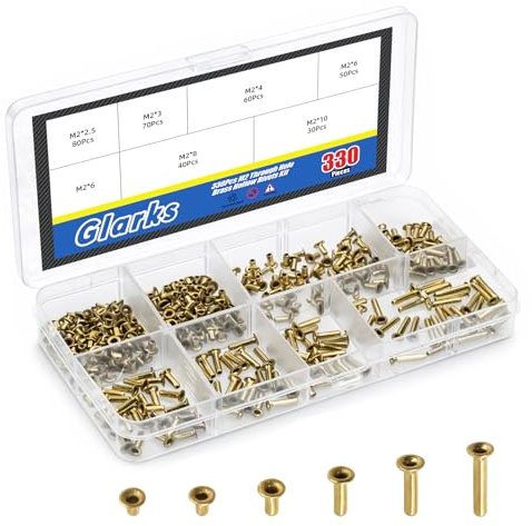 Glarks Kit di rivetti cavi, rivetti in rame con foro passante, rivetti in metallo, rivetti cavi per pelle, tela, vestiti, artigianato fai da te (330 pezzi, M2 x 2,5/3/4/6/8/10 mm)