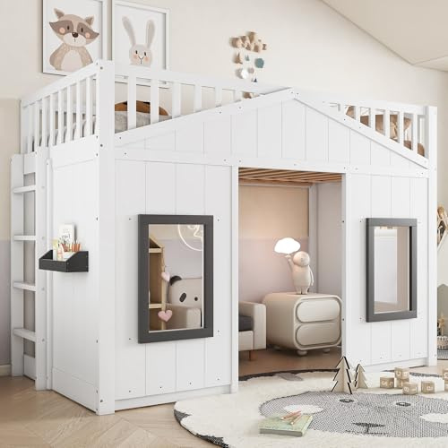 NuvlaGu Letto a castello, con scala, con protezione anticaduta e griglia, letto per bambini con finestra, sottoletto personalizzato, telaio in pino + MDF, bianco, 90 x 200 cm (bianco, 90 x 200 cm)