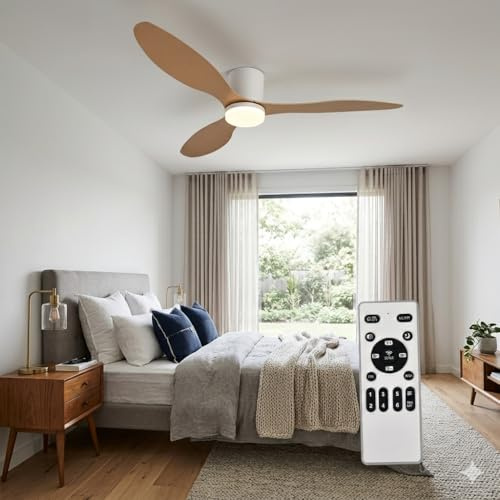 Ventilador de Techo Grande con Luz y Mando 132cm (52), Motor DC Silencioso, 3 Aspas Plástico Efecto Madera Clara, LED Regulable, Estilo Nórdico para Salón, Blanco y Madera