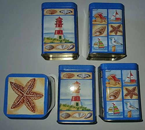 5 x Gawol Maritim Dose viereckig 60 mm x 60 mm x 80 mm mit Leuchtturm Muschel Seestern Segelschiff