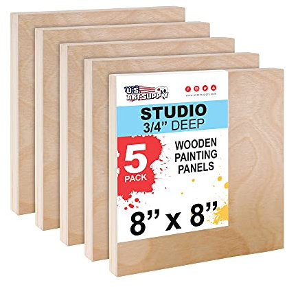 U.S. Art Supply Unfinished Cradled Wood Panels for Painting, 5 Pack of 8x8 inch - Studio Birch Wooden Canvas Boards 3/4 Deep - Mixed-Media Craft, Acrylic, Oil, Encaustic, Paint Pouring Panel Board