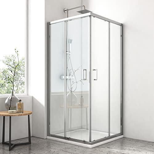 EMKE Eckeinstieg Duschkabine 90 x 90 cm Duschabtrennung Falttür Doppel Schiebetür Duschtür Duschwand Mit Nano-Beschichtung Duschkabine Eckeinstieg 195cm