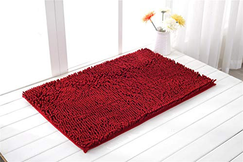 Odot Chenille Badematte, Super Saugfähiger WeicherBad-Teppiche Anti-Rutsch Bequeme Waschbarer Badteppich Flauschiger Badezimmerteppich in Shaggy-Optik (40x60cm,Weinrot)