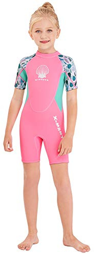 Wetsuit Kids Shorty Neoprene Thermal Diving Swimsuit 2.5MM for Girls Boys Child Teen Youth Toddler, One Piece Children Rash Guard Swimming Suit UV Protection Sunsuit for Surfing (Girl Pink, L)