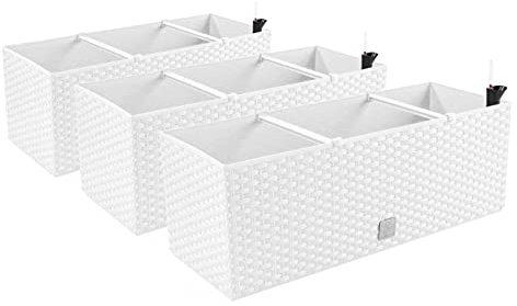 PAFEN 3 x fioriere effetto rattan, 60 x 25 x 24 cm, sistema di irrigazione per balcone, colore bianco