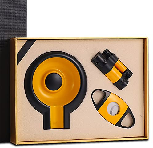 HB1 Aschenbecher Zigarrenschneider Feuerzeug Winddichte Fackel Flamme Zigarrenzubehör 3er Set Butangas Geschenkbox Haushaltsprodukte für Zigarre Geschenkset,Yellow