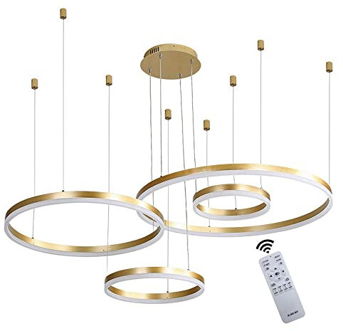 LED Pendelleuchte Modern Dimmbar Pendellampe Esstischlampe 90W 4-Ring Höhenverstellbar Hängeleuchte Gold Aluminium Acryl Kronleuchter mit fernbedienung Wohnzimmer Esszimmer Hängelampe 20+40+60+80cm