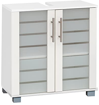 Lomadox Badezimmer Waschtischunterschrank in Weiß mit Milchglas, B/H/T: 59,8/62,4/32,6 cm