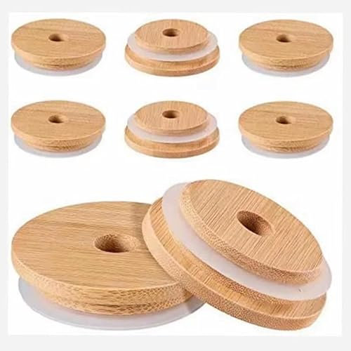 8pcs Mason Jar Lids with Straw Holes, Reusable Wood Jar Lids Bamboo Jar Lid Airtight Bamboo Lids Bamboo Mason Jar Lids for Wide Mouth Mason Jar (8PCS)