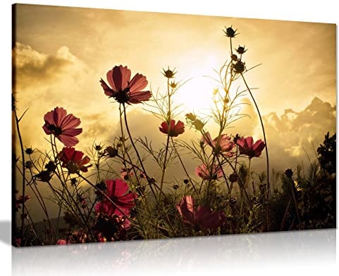Panther Print Fine Art Prints Red Flower Garden Summer Sunset Artistic Framed Canvas Print, Pictures for Home Walls, Bedroom, Living Room & Bathroom Decor 46x31cm (18x12in)