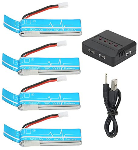 Bnineteenteam Lot de 4 Batteries Lithium-ION pour Hélicoptère Télécommandé, 3,7 V 520 MAh RC Lipo Batteries avec Chargeur, Accessoires d'avion RC pour WLtoys V977Batteries et chargeurs