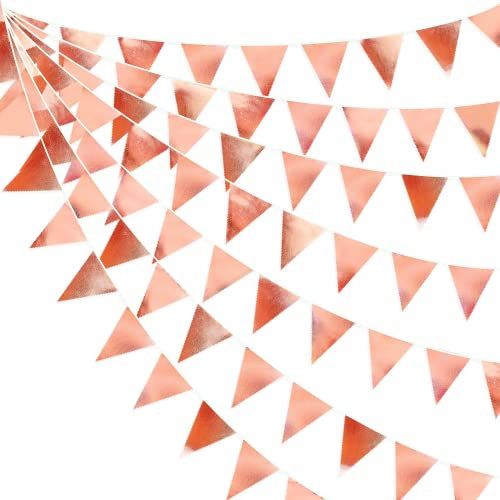 32Ft Roségold Stoff Dreieck Banner Flagge Doppelseitig Metallische Holografische Wimpel Girlande für Geburtstag, Jahrestag, Verlobung, Hochzeit, Braut, Babyparty, Valentinstag, Junggesellinnenabschied