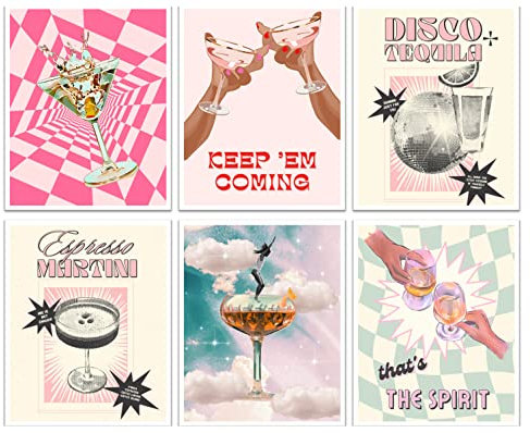 Tequila Espresso Martini Bar Decor For Home,8x10 Inches Set of 6 Poster & Prints Funky Decor,Bar Cart Accessories Cocktail Set,Retro Cocktail Preppy Room Decor,Glass Wall Art,Trendy Room Decor