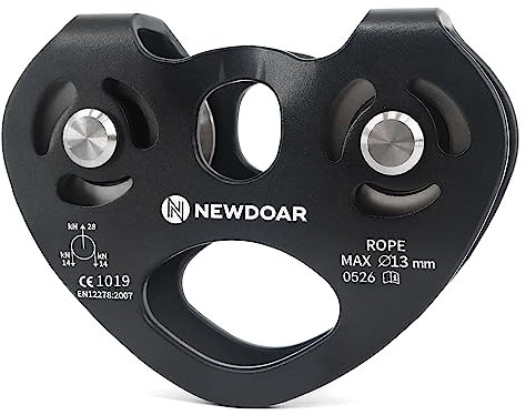 NewDoar CE-zertifizierte 28-kN-Tandem-Doppelgeschwindigkeitsrolle, herzförmige Doppelrolle, Zipline-Rettungskabelwagen für bis zu 13 mm Seile zum Klettern, Rettungsheben (schwarz)