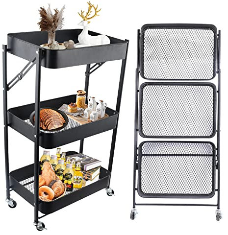 ECRIZA Küchenwagen Servierwagen Badregal Organizer Regal auf Rädern Rollwagen Küchenregal klappbar Allzweckwagen für Küche Badezimmer Bad und Büro mit 3 Ebenen (Schwarz)