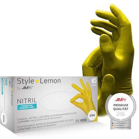 AMPri Guanti in nitrile, gialli, 100 pezzi/scatola, taglia L, senza polvere, stile limone by Med-CComfort: guanti monouso in nitrile nelle taglie XS, S, M, L, XL
