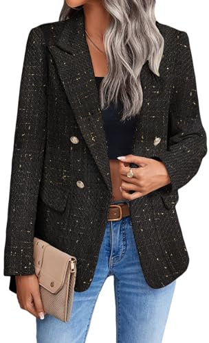 Mina Self 2025 Herbst Damen Tweed Plaid Blazer Jacke - Voll Gefüttert Mode Business Casual Revers Elegant Mantel mit Taschen, 2-Tweed/Schwarz, M
