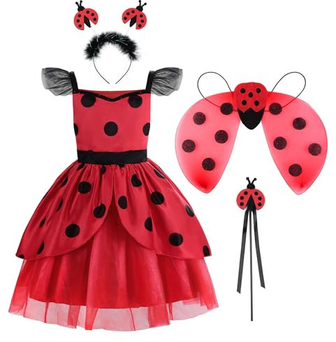 ReliBeauty Marienkäfer kostüm kinder Ladybird Polka Dots Rot Kleid mit Zubehör Set,110