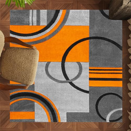 ARUGYTEI Teppich Quadratisch,Schwarz Grau Geometrisches Kreisdesign Modern, Orange,130 x 130 cm, Wohnzimmer Schlafzimmer Kinderzimmer