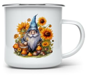 MAXIKIWI - Langlebiger Emaille-Kaffee- oder Tee-Campingbecher für den Innen- und Außenbereich – Gartenzwerge Aquarell – 350 ml