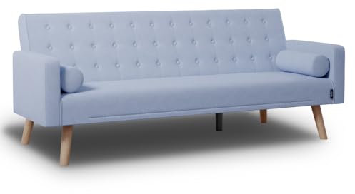 Nalui - Sofá Cama 3 Plazas Acolchado 203x82x78cm One Dots, 2 Cojines y Apertura Clic-Clac con Dif. Grados de Reclinación. Sofá Cama Chaise Longue con Patas de Madera Convertible en Cama Doble | Azul