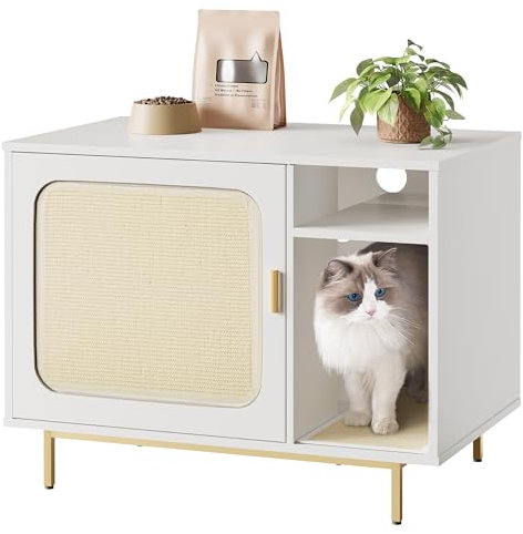 Hzuaneri Maison de Toilette Chat, Meuble Litiere Chat, Armoire à Litière, Tapis à Griffer Mobile Pour Chats, Intérieur Maison de Chats avec Tablette, Table D'appoint, 80×50×61 cm, Blanc et Or CB82613A