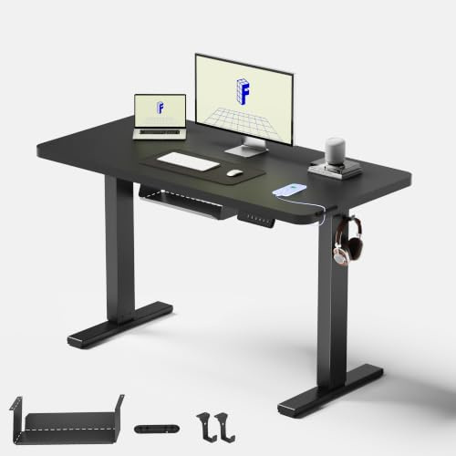 FLEXISPOT Bureau Assis Debout 120x60cm, Plateau Complet, Table Réglable en Hauteur Électrique, Bureau Informatique avec Crochet(Cadre Noir+Plateau Noir)