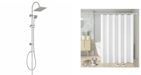 Edouard Rousseau - Colonne de Douche Soto - Tête de Douche Orientable, Picots Anticalcaire & Vinabo Rideau Douche Anti Moisissure, 180 x 200cm Blanc, avec 12 Crochets, sans Percage
