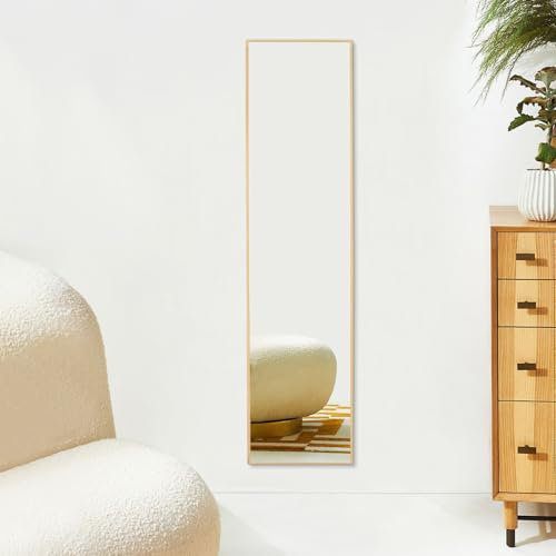 Warmiehomy 30x120cm Full Length Wall Mounted Mirror, Full Body Long Mirror with Metal Framed for Living Room or Dressing Bedroom, Beige