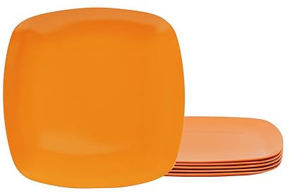 TP 10.5 Melamine Square Dinner Plates, 6-Piece Plate Set Unbreakable Serving Dishes for Indoors and Outdoors, Unbreakable Dinner Service for 6, Orange