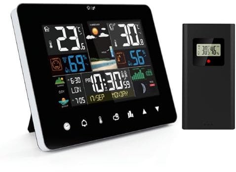 Wetterstation Funk mit Außensensor,ADE Digitale Wetterstation, mit Farbdisplay,12 Modi,DCF Empfangssignal Funkuhr,animierte Wettervorhersage,Mit Fernbedienung,Geeignet für Wohnzimmer und Schlafzimmer