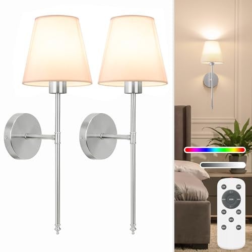 NIORSUN 19.9 inch Battery Operated Wall Light, Brushed Nickel Rechargeable Wall Lights with 5200mAh Dimmable Detachable Bulbs and Remote, 9 Colours Wall Lights for Bedroom Living Room Hallway