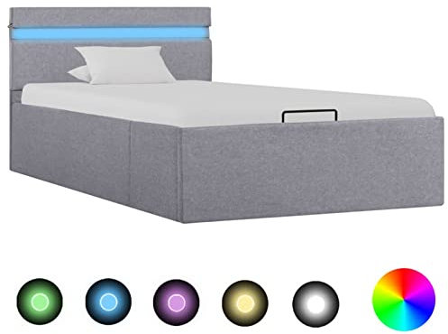IKAYAA Bett mit Bettkasten Hydraulisch LED Hellgrau Stoff 90x200 cm,Familienbett, Bettrahmen, Bett Gestell, Jugendbett, Schlafzimmer Bett