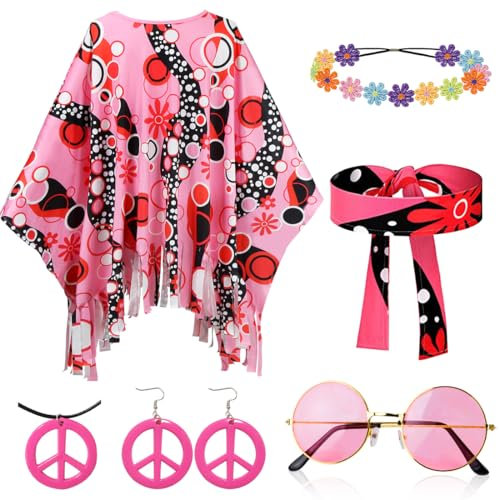 Costume Hippie Femme, Poncho Hippie Rose, 6 Pièces Grande Taille Deguisement Hippie, Bandeau Fleuri, Boucle d'Oreille Collier Signe de Paix Lunettes de Soleil, Accessoire Hippie Annees 60 et 70