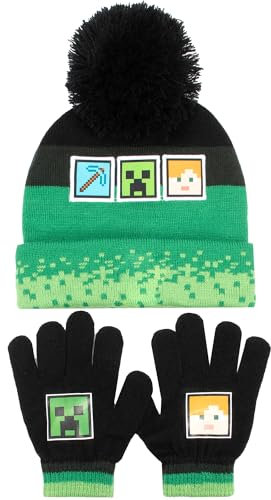 Minecraft Winter Hat & Gloves Set for Boys – Warm & Cosy Beanie Hat & Gloves – Perfect for Kids Ages 6-12