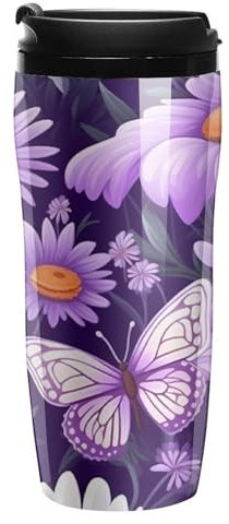 Purple Butterfly Travel Coffee Mug Reusable Coffee Cup Coffee Tumbler with Lid for Outdoor 350ml