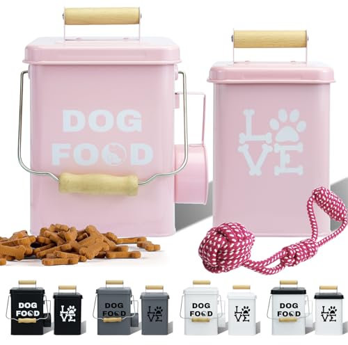 NIXBYO Metal Dog Treat Container Set of 2-9.5x5.9In & 8.6x5In Pink Dog Treat Jars with Airtight Lids, Includes Scoop & Toy - Pet Food Canister, Cat Cookie Jar, Cookie Storage for Kitchen Counter