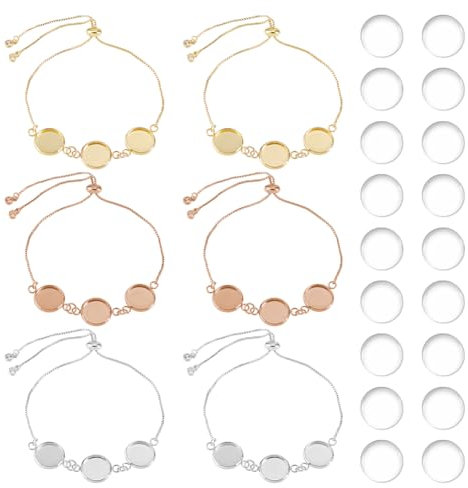 DICOSMETIC 6 Sets 3 Farben DIY Blank Armband Herstellungsset 12mm Edelstahl Tablett Armband Rohlinge Goldene Armreif Fassungen Mit Verstellbarem Armband Für DIY Herstellung