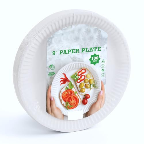 Sunrise Packaging 100 Large White Paper Plates 9 Inches / 23cm | Eco-Friendly, Durable Dinner Plates for Parties, BBQs, Outdoors