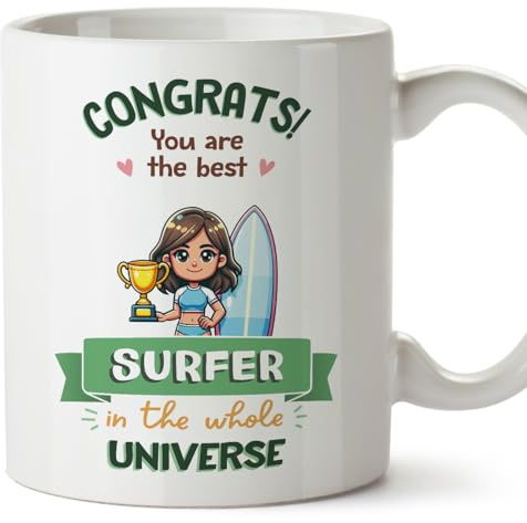MUGFFINS Surfer Woman Mug - in English - Best in Universe Trophy - Funny Gift for Colleagues - Ceramic 11oz Mug