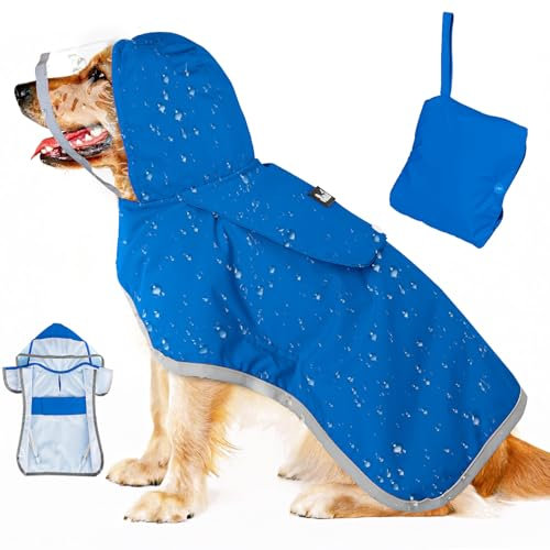 Eyein Wasserdichter Hunderegenmantel, Regenmantel für Große Hunde mit Kapuze und weichem Futter, Verstellbare Hunderegenjacke mit reflektierenden Streifen, Winddicht und leicht, Blau, XXXL