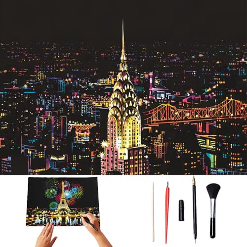 Hehuo Scratch Art for Kids & Adults, Colorful Sketches Scratch Off, Scratch Painting for Adults, Scratch Paper Art Rainbow, Paint by Scratch 16 X 11.2 Inches (New York)