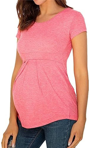 LOIJMK Umstands-/Wehen-/Stillkleidung, Damen-Umstandskleidung, Rundhalsausschnitt, Kurze Ärmel, Rüschen, Falten, Schwangere Oberteile Shirt Oversized Damen (Pink, M)