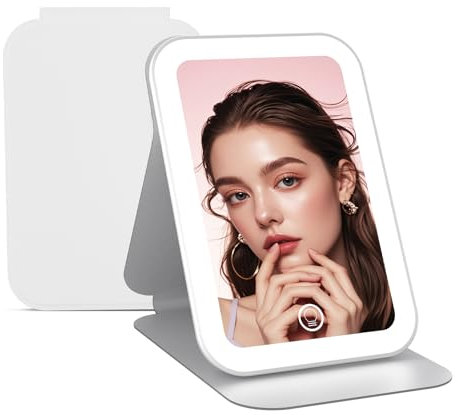 Kintion 16 x 10,8 cm Kosmetikspiegel mit Beleuchtung, Wiederaufladbarer Reisespiegel mit Licht, Dimmbar 3 Farblichter Touchscreen Reisespiegel Klappbar, für Geschenk Frauen, Zuhause Reise, Weiß